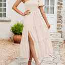 ZESICA Women's Boho Summer One Shoulder Short Sleeve Smocked Side Split Ruffle Swing Midi Dress (Beige, S)