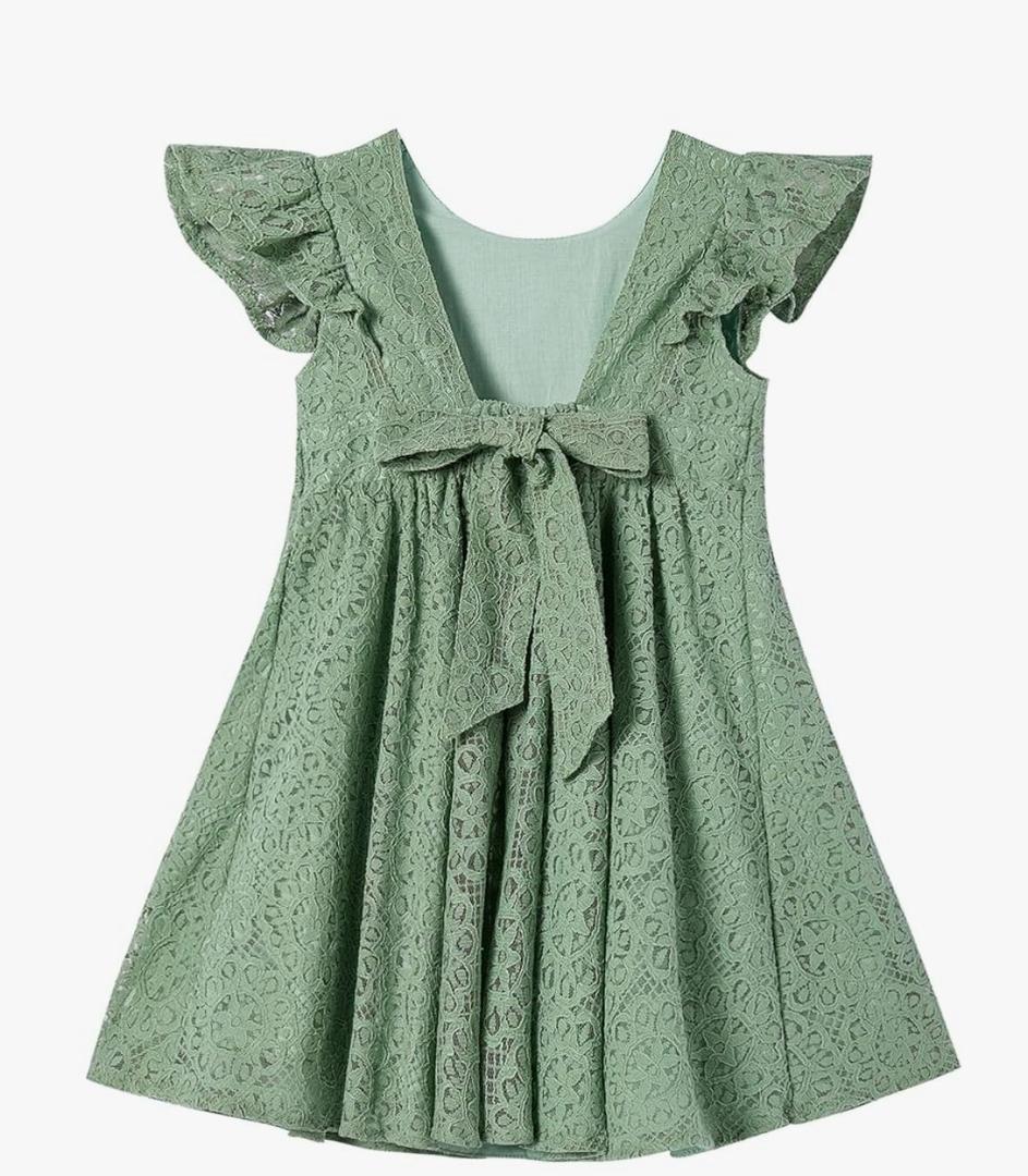 Toddler Girls Lace Dress Baby Kids Tie Back Bow Pom Pom Ruffle Sleeve Backless Party Princess Dresses,100