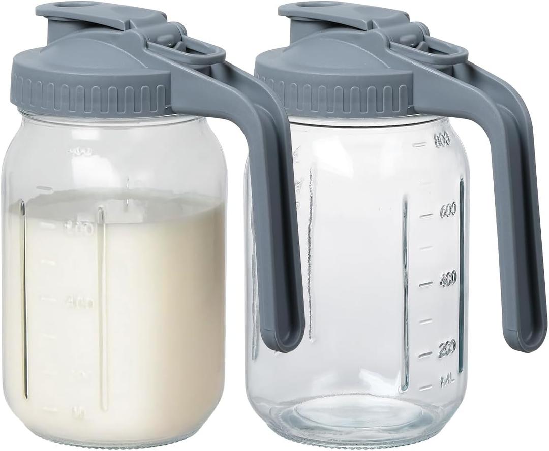 Novelinks 32OZ Glass Pitcher with Lid, Wide Mouth Mason Jar Pitcher, Leak-proof Water Jug for Juice, Milk, iced Coffee Lemonade Tea,2 Pack