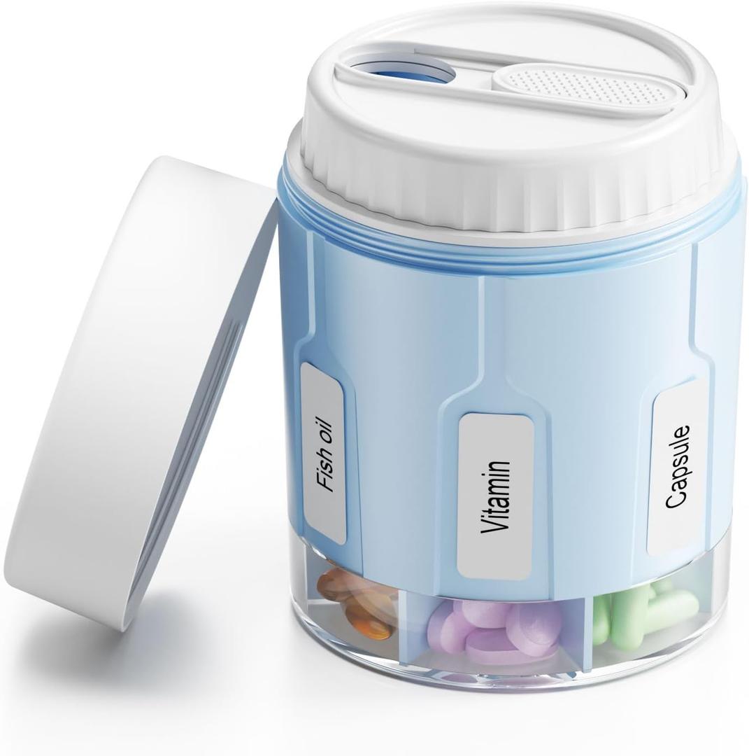 Daviky Pill Bottle Organizer, Supplement Organizer with 7 Large Compartments, Travel Pill Dispenser Round Pill Box with Two LidsBlue