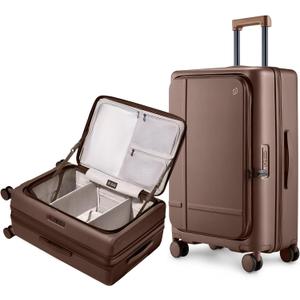 NINETYGO Medium Checked Luggage 25 Inch, Flat Top Opening Check In Luggage with Cup Holder, Expandable, Coffee-Infused PC Hard Shell, Eco-Friendly, TSA Lock, 360 Spinner Wheels (Latte)