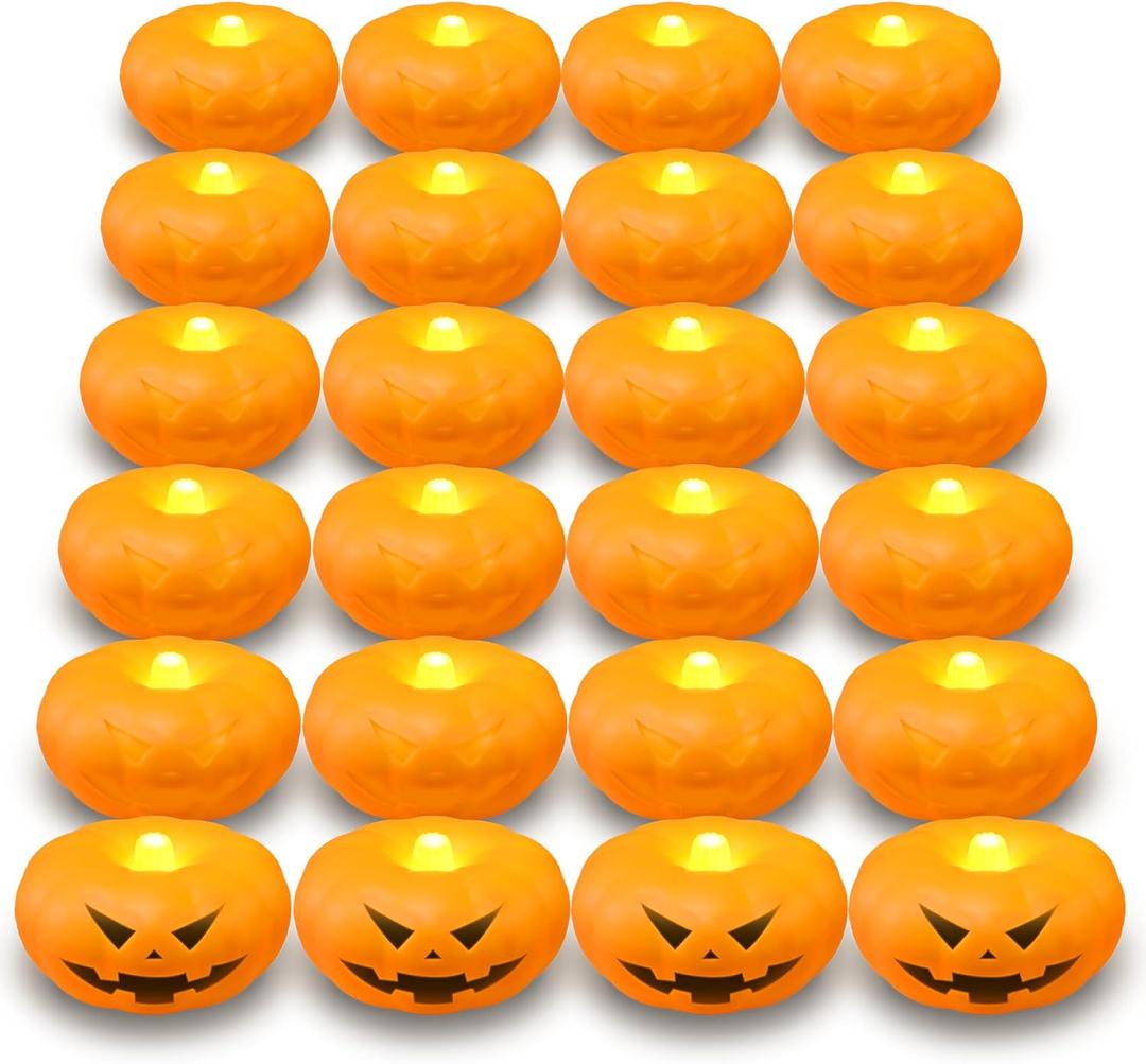 Orange Floating Candles, 150+ Hours Waterproof, Fall Decorations for Home - 24Packs Flameless Pumpkin Candle Water-Activated 2.3" Plastic Battery Operated Candle Christmas Indoor Outdoor Decor