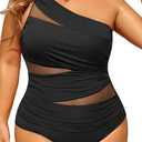 Aqua Eve Plus Size One Piece Swimsuit for Women Tummy Control Bathing Suits One Shoulder Swimwear (Black Mesh) 20W