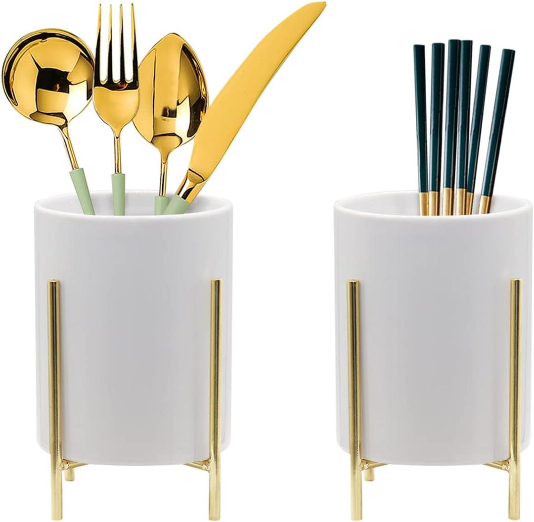 Kitchen Utensil Holder, Ceramic Utensil Holder with Metal Frame Chic & Modern Kitchen Cooking Utensil Holder, Robust Silverware Caddy 4.7 * 3.15 inch Gold 2 Piece Set