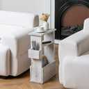 MyGift Wide Side Table, Slim End Sofa Table in Whitewashed Wood with Storage Shelf, Magazine and Remote Holder, Narrow Side Table, Medium