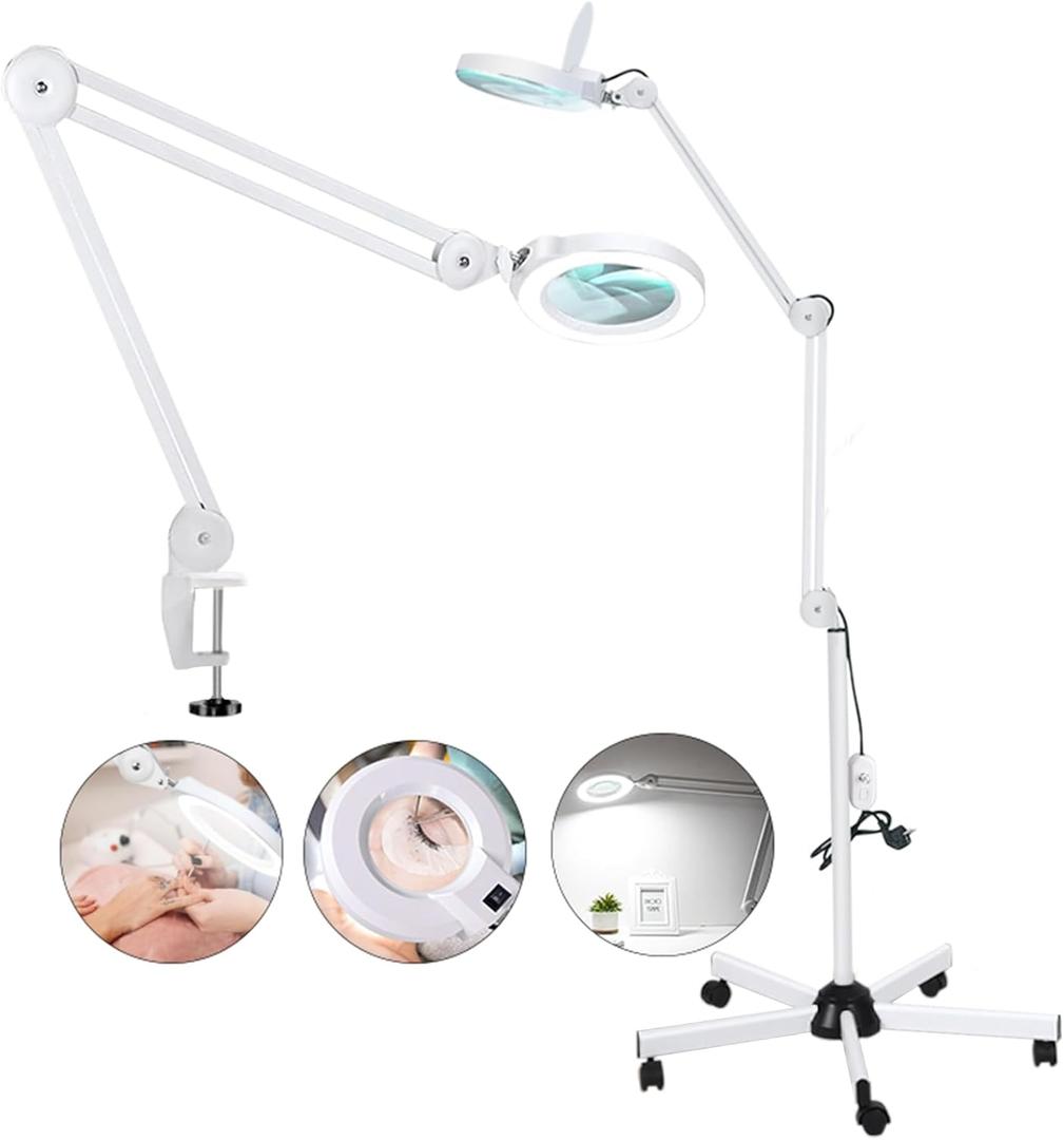 10X Magnifying Glass with Light and Stand, Floor Lamp with 5 Wheels Rolling Base 2880 Lumens Stepless Dimmable Lighted Magnifier for Eyelash Extensions Sewing Close Work