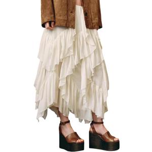 Wyeysyt Women's Ruffle Maxi Skirt Flowy Long Layered Skirts A Line Tiered Trendy Skirt (Beige, L)
