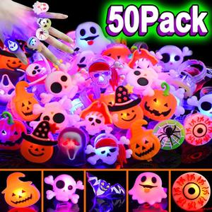 50 Pcs Halloween LED Glow Ring, Light Up Toys Glow in the Dark Birthday Halloween Party Favors Decorations Supplies for Adults Flash Finger Rubber Rings 8 Shape Ghost Pumpkin Skeleton Spider Bat