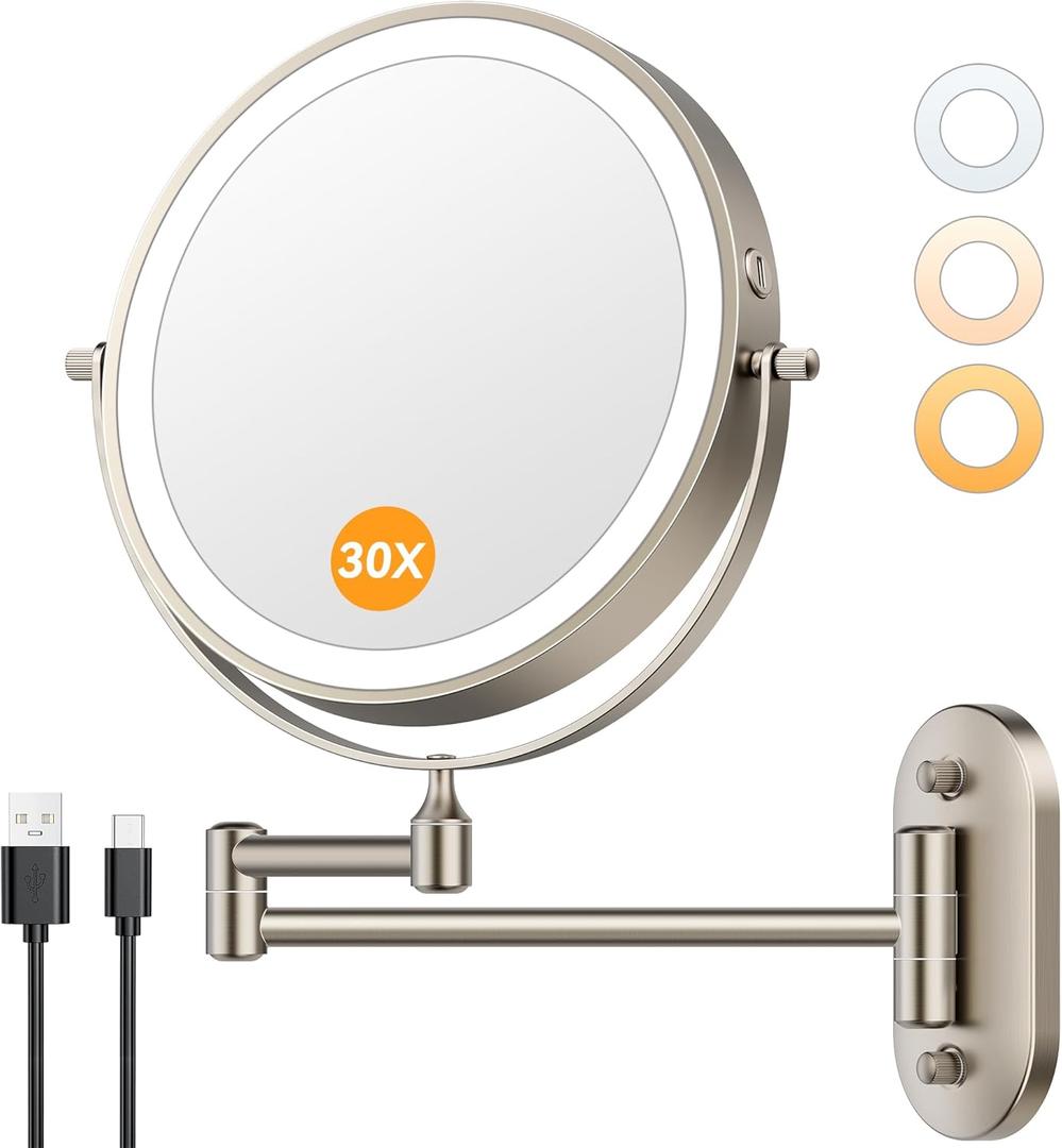 Auxmir 1X/30X Wall Mounted Lighted Makeup Mirror, 8" 3200 mAh Rechargeable Double-Sided Magnifying Mirror, Touch Dimmable 3 Color Lights, 360 Rotating Foldable 14.5" Extension Arm, Brushed Nickel