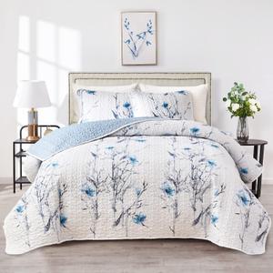 Botanical Quilt Set 3 Pieces King Size, Blue Flower Branch on White Reversible Bedspread Coverlet Set, Soft Microfiber Lightweight Bed Cover for All Season (102" x 90", 1 Quilt+ 2 Pillow Shams) Botanical Quilt Set 3 Pieces King Size, Blue Flower Branch on White Reversible Bedspread Coverlet Set, Soft Microfiber Lightweight Bed Cover for All Season (102" x 90", 1 Quilt+ 2 Pillow Shams)
