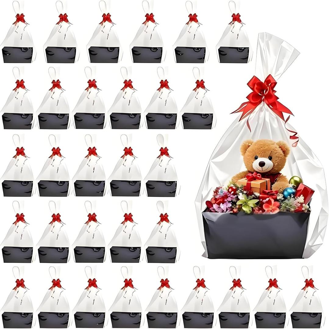32 Pcs Black Basket for Gifts Empty DIY Bulk Party Gift Basket Kit with Handles with 32 Bag 32 Bow Market Tray for Gift Packages Wrapping Anniversary Birthday Wedding Party Gift(9.8 x 6.7 x 4.3 in)