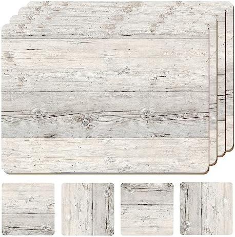 Moderry Set of 4 Heat Resistant Cork Placemats for Dining Table with Free Set of 4 Matching Drink Coasters Cork Wood Design Print 16 x 12 Inches Cork Backed Hard Placemats (White Driftwood) Moderry Set of 4 Heat Resistant Cork Placemats for Dining Table with Free Set of 4 Matching Drink Coasters Cork Wood Design Print 16 x 12 Inches Cork Backed Hard Placemats (White Driftwood)