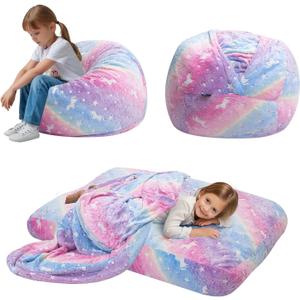 COMAX Bean Bag Chair for Kids, Toddler Beanbag Bed Unicorn, Convertible Children Bean Chair to Floor Mattress with Filler, Stuffed Child Bean Bags for Girl Boy Sleeping, Colorful Rainbow