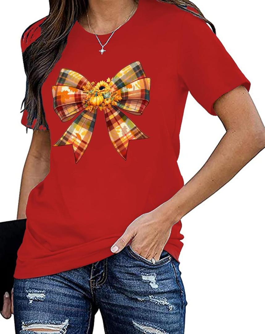 Thanksgiving Shirt for Women Fall Pumpkin Bow T-Shirt Funny Thankful Blessed Tee Tops, Size Large
