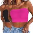 Womens Tube Tops Summer Bandeau Casual Crop Top Going Out Strapless Tank Basic Short Shirt (One Size Plus, 2 Pieces Black,neon Pink)