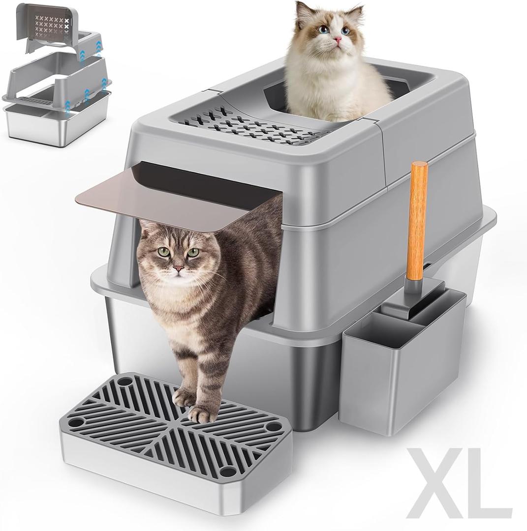 Stainless Steel Litter Box with Lid, XL Extra Large Enclosed Cat Litter Box for Big Cats 110 Flip Cover, Top Entry Metal High Sided Cat Box & Pedal & Scoop, Anti-Leakage (Grey)