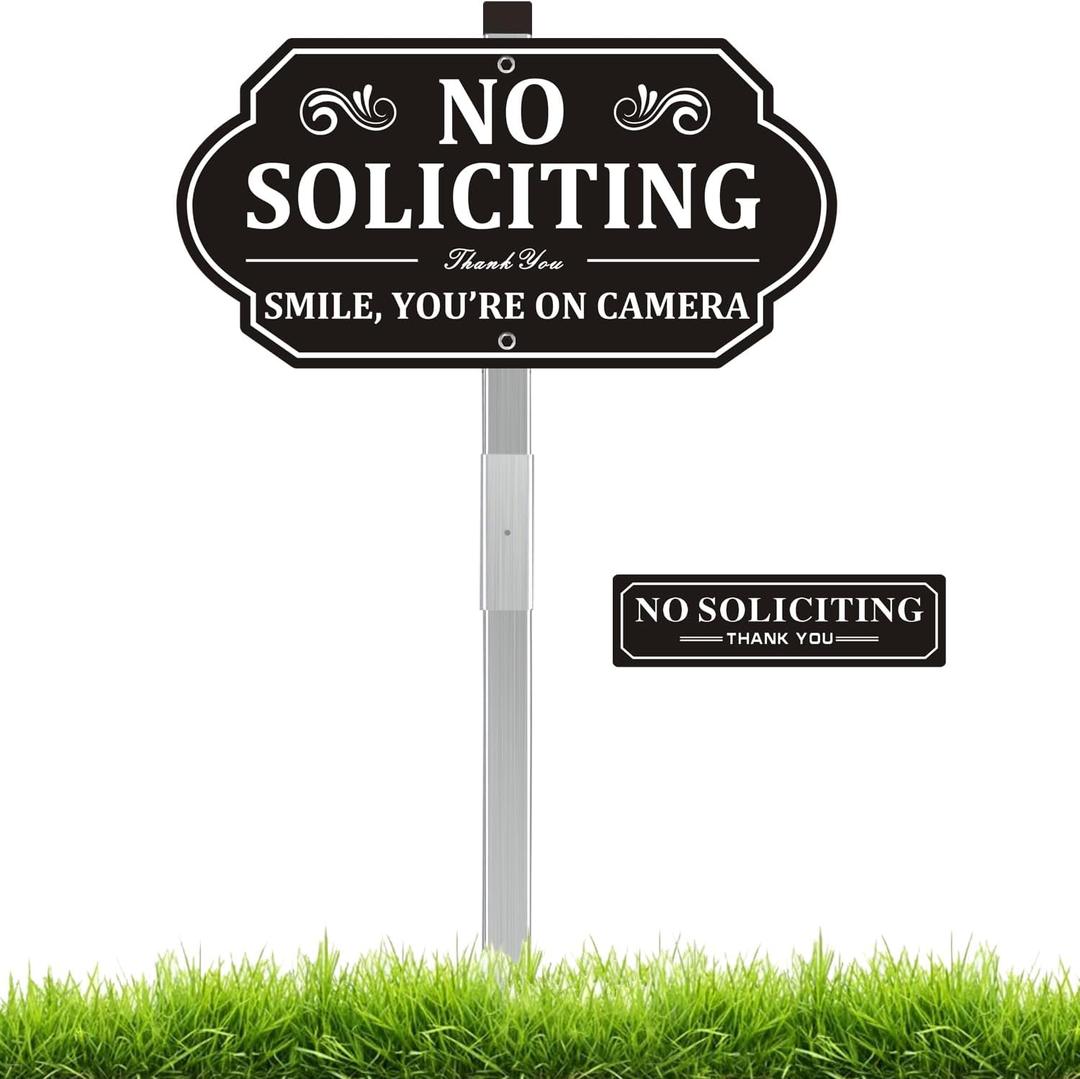 Heavy-Duty Metal No Soliciting Sign for House, 14" X 7" Aluminum No Soliciting Yard Sign with Stake for Home, You're on Camera Outdoor, Weather-Resistant, Non-Fading (WHITE AND BLACK)