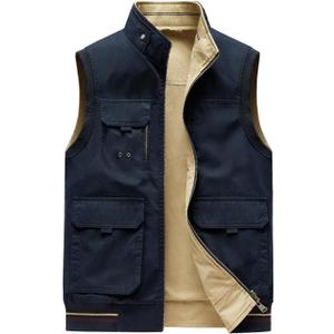 Men's 100% Cotton Washed Reversible Vest 9 Concealed Pockets Travel Casual Gilet Safari Outwear (X-Large, Navy/Beige)