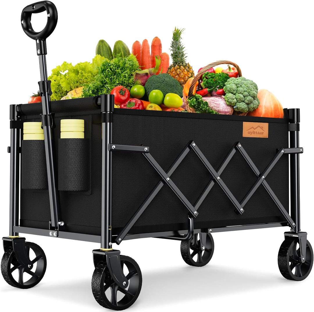 Collapsible Wagon Cart Foldable with 220lbs Weight Capacity, Lightweight Portable Folding Utility Grocery Shopping Cart with Wheels for Camping Sports Beach and Shopping (Black)