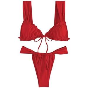RoseSeek Women's Two Piece Swimsuits Frill Trim Tie Front Bathing Suit Wide Straps High Cut Sleeveless Bikini Sets,M