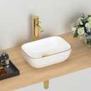 J-FAMILY 14.5'' x 10'' Bathroom Small Vessel Sink Above Counter White Porcelain Ceramic Sink Bowl GoldTrim Decoration Small Vanity Sink Lavatory Wash Basin