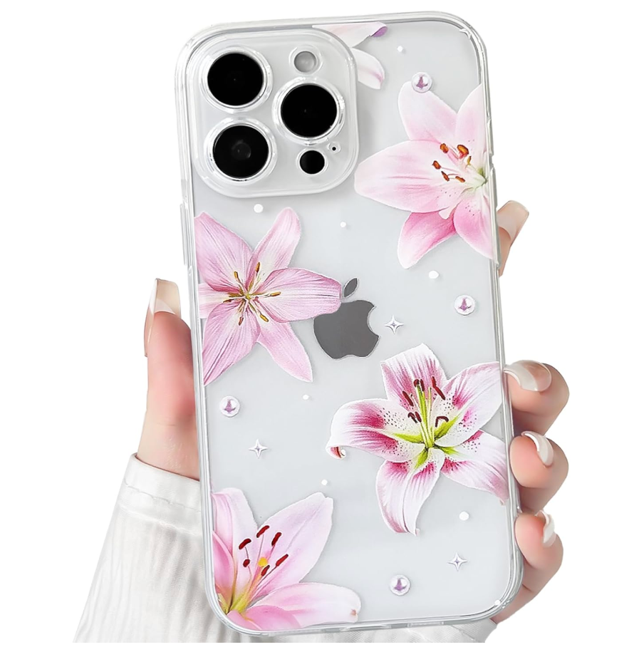 NITITOP Compatible with iPhone 14 Case Clear Cute Pink Lily Blossom Floral Flowers Pattern for Girls Women Soft TPU Transparent Shockproof Protective Phone Cover - Pearl