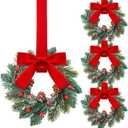 Knitgrip 2 Pcs Mini Christmas Wreaths for Cabinet Kitchen Windows Decors Bulk with Red Bow Small Artificial Norfolk Farmhouse Wreaths with Berry Pine Cone for Fireplace Front Door Porch Wall Hanging