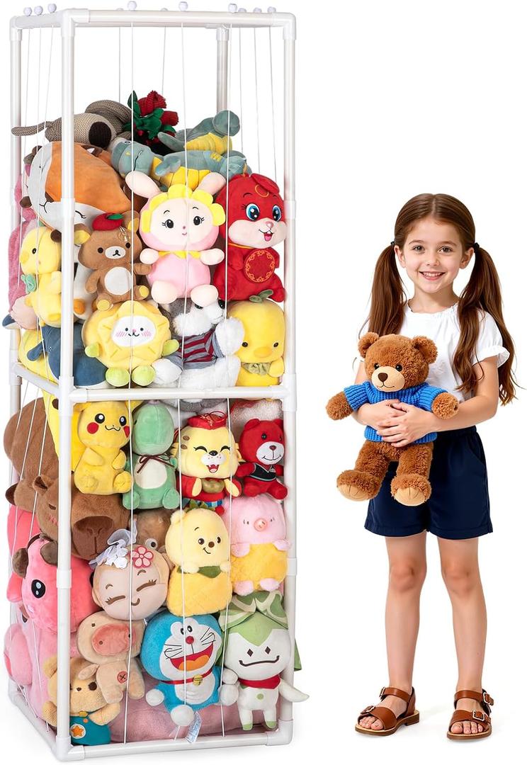 Stuffed Animal Storage,PVC Tube Zoo Stuffed Animal Holder with Elastic Band,Space Save Vertical Kids Plush Toy Organizer,Ideal for Boys Girls Nursery Playroom Kidroom Bedroom-White, 60" x 19" x 19"