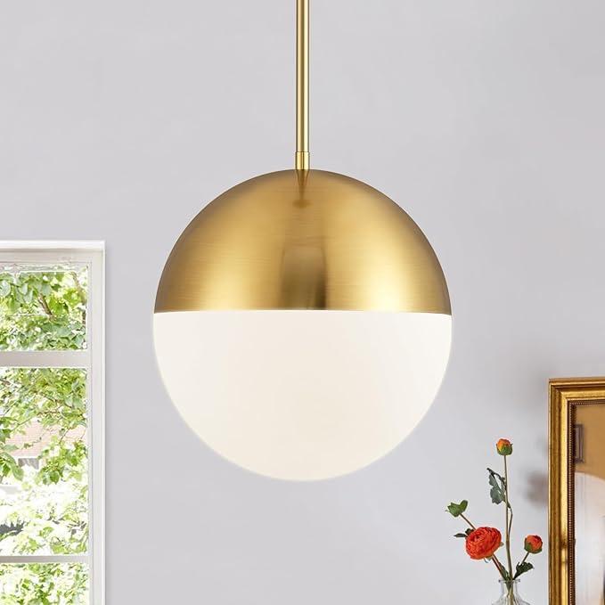 10in Glass Gold Pendant Light Globe Mid Century Modern Kitchen Island Pendant Lighting Brass Frosted Glass Hanging Light Fixtures Milky White Ball Pendant Lights for Dining Room Entry Bathroom