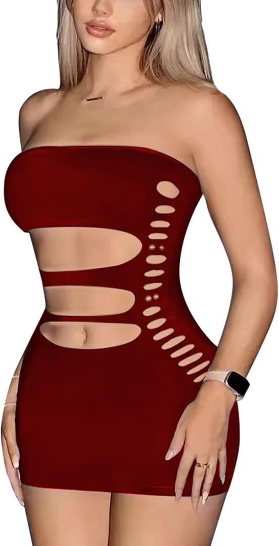Sleeveless Strapless Sexy Dresses for Women Tube Bodycon Cut Out Dress Badydoll Dresses Lingerie Dress Clubwear (One Size, Wine Red)