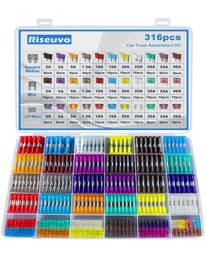 Riseuvo 316 Pcs Car Fuses Kit - Blade Replacement Assortment Fuses for RV, Camper, Boat, Truck, Motorcycle (2A 3A 5A 7.5A 10A 15A 20A 25A 30A 35A 40A) - Standard & Mini & Low Profile Mini Fuse