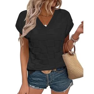 LOMON V Neck Sweaters for Women Trendy Cap Sleeve Tank Tops Dressy Casual Short Sleeve Blouses Loose Pullover Sweaters Summer 2025 Work Tops Black S