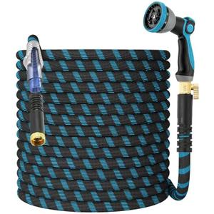 Non-Expanding Garden Hose 100ft,flexible, lightweight hose is resistant to kinks and tangles.With 10-way nozzle, strong 3/4 metal fittings, and a shut-off valve