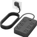 Flat Plug Power Strip Surge Protector with 12 AC Outlets 6 USB Ports 3 Side Multi Plug Outlet Extender 10 Ft Extension Cord for Home Office Kitchen Dorm Wall Desk Charging Station ETL Listed