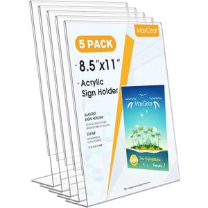 MaxGear Acrylic Sign Holder, Clear Sign Holders Plastic Display Stand 8.5 x 11 Inches Slant Back Countertop Display Picture Frames for Menus, Flyer, Use In Office, Store, 5 Pack