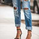 Women's High Waisted Distressed Skinny Jeans, Ripped Ankle Jeans with Cuffed Hem for Casual, Street & Daily Wear (Blue, XL)