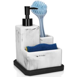 Soap Dispenser with Sponge Holder and Brush Holder,White Marble 3 in 1 Liquid Hand Dish Soap Dispenser and Sponge Holder Sink Caddy Organizer for Kitchen Bathroom,Removable Bottom Tray