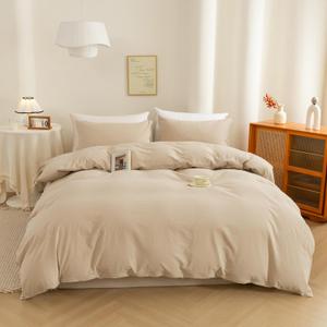 ECOCOTT Duvet Cover Queen Size, 100% Washed Cotton 1 Duvet Cover with Zipper and 2 Pillowcases, Ultra Soft and Easy Care Breathable Cozy Simple Style Bedding Set(Queen, Khaki) (Queen (90"x90"), Beige (No Comforter))
