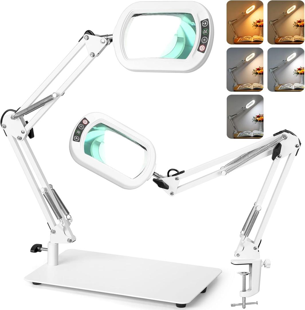 Veemagni 10X Rectangle Magnifying Glass with Light and Stand, 5 Color Modes Stepless Dimmable, 2-in-1 LED Lighted Desk Lamp & Clamp, Hands Free Magnifier for Reading Crafts Painting Close Work - White