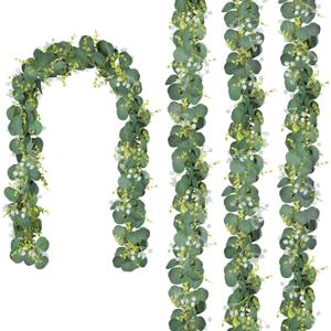 CQURE 4Pcs Eucalyptus Garland,Artificial Eucalyptus Leaves Table Greenery Garland Wreath Vines for Wedding Party Table Fireplace Bedroom Wall Room Decor