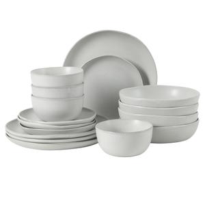 Gibson Elite Menlo Park 16-Piece Pottery Clay Stoneware Dinnerware Set – White Reactive Glaze, Embossed Plates and Bowls W/Pasta Bowl, Service for 4 – Microwave & Dishwasher Safe