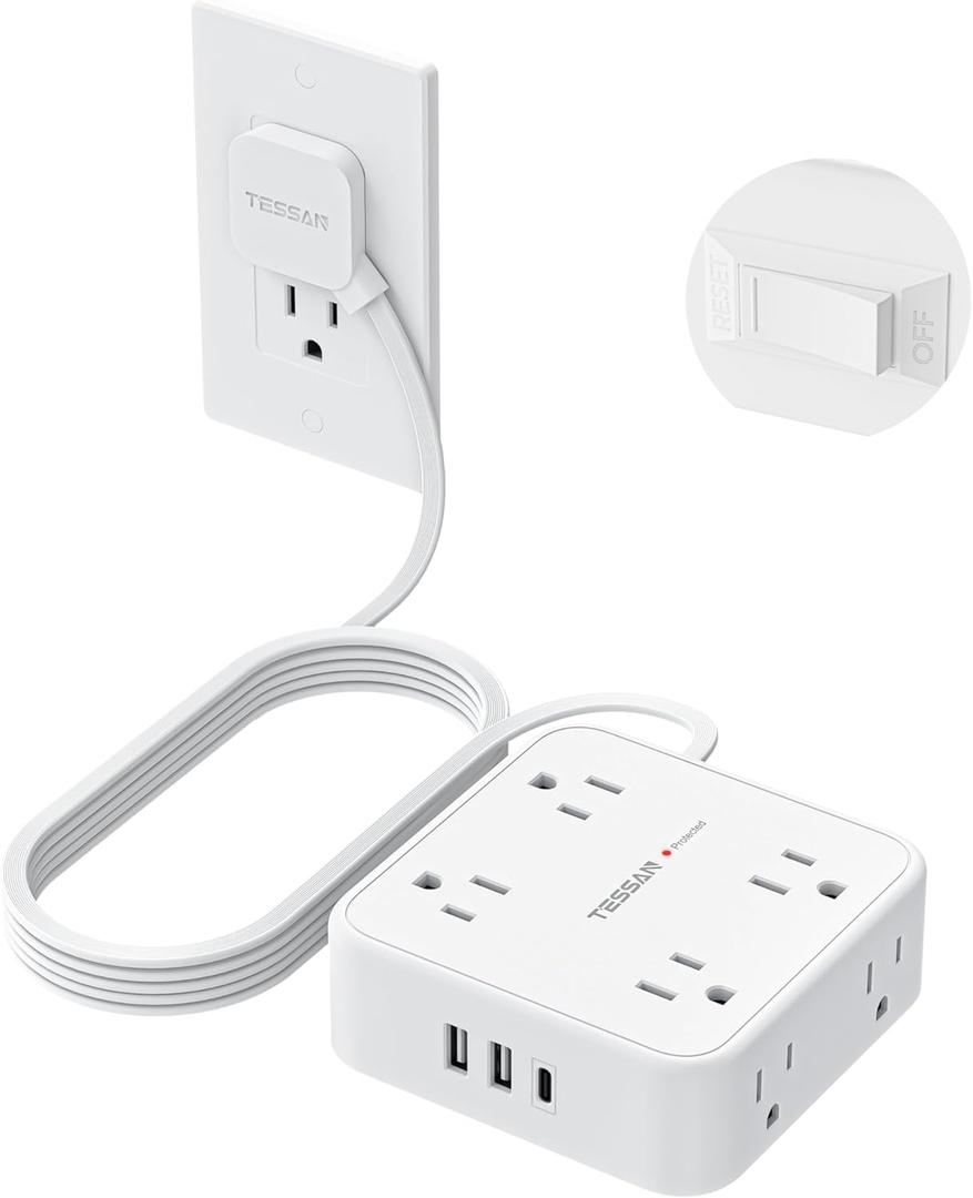 TESSAN Surge Protector Power Strip, 10 Ft Flat Plug Extension Cord with 3 USB (1 USB C) 8 Outlets, 1250W, 900J Protection, 3 Sided Outlet Extender with Power Switch for Office, Dorm Room, White