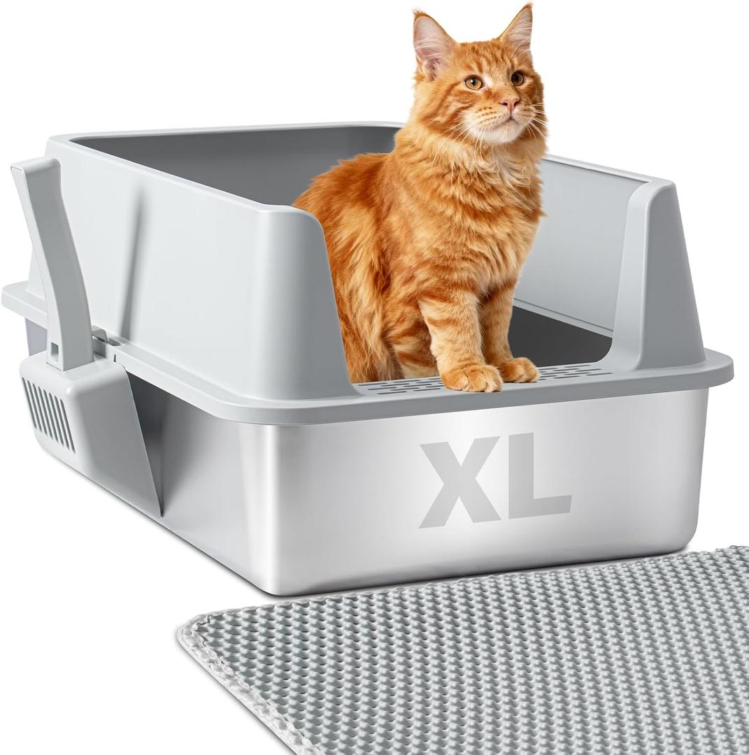 Stainless Steel Litter Box, Large Metal Litter Box with Lid, XL Steel Litter Boxes for Adult/Big Cat, Anti-Urine Leakage,Easy Cleaning, No Smell, Non-Stick, Includes Scooper and Mat