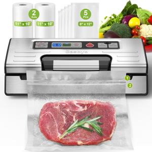 Gasbye Vacuum Sealer Machine, 95kPa Food Sealer with Double Heat Seal for Dry/Moist Food, Easy-lock Handle, Built-in Bag Storage & Cutter, Progress Display, Removable Drip Tray, Silver