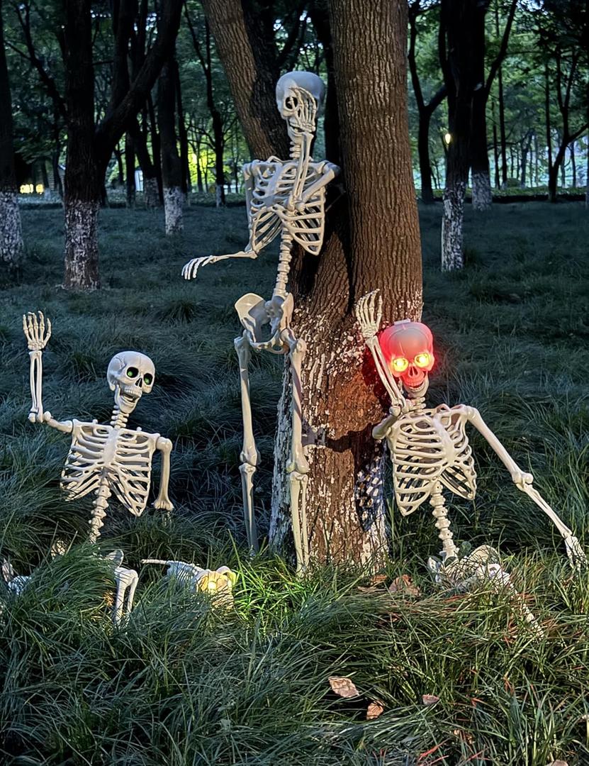 5.4Ft Halloween Skeleton - Life Size Skeleton with Glowing Eyes Scary Creepy Sound Movable Joints Full Size Posable Skeleton Decor Halloween Decorations Outdoor Indoor
