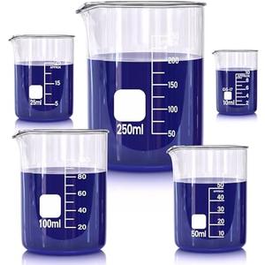 Glass Beakers Set, 5 Sizes - 10ml, 25ml, 50ml, 100ml, 250ml, 3.3 Borosilicate Beaker for Laboratories, Classrooms or Home, Griffin Low Form Lab Beakers