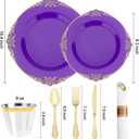 Realluck 350 PCS Purple and Gold Plastic Plates, Plastic Dinnerware Set for 50 Guests, 100 Disposable Plates, 150 Silverwares, 50 Cups, 50 Napkins for Party, Wedding, Graduation
