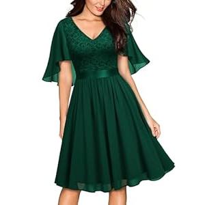 MISSMAY Women's Vintage V-Neck Floral Lace Contrast Chiffon Prom Party Dress (Green, S)