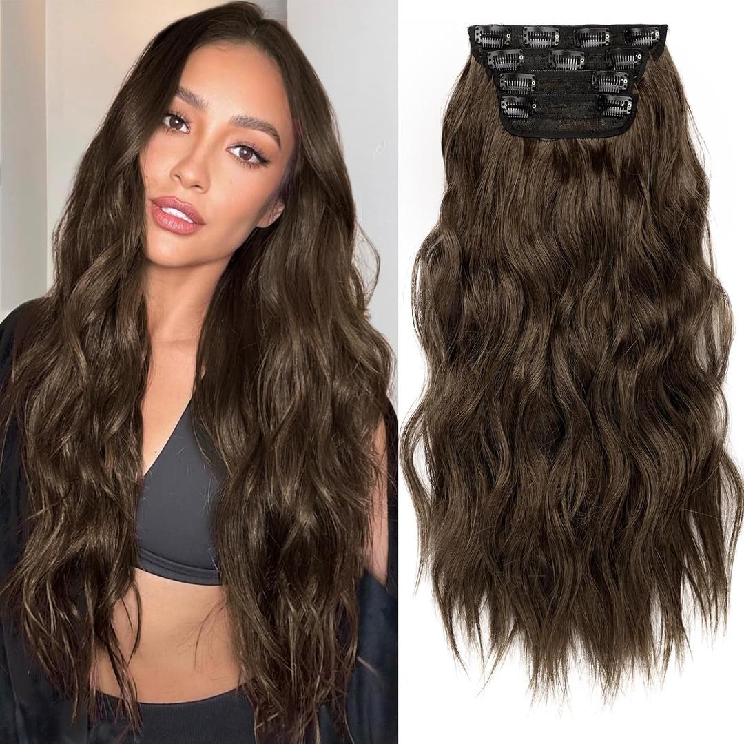 KooKaStyle Hair Extensions Long Wavy 4PCS Thick clip in hair extensions Hairpieces Chocolate Brown Fiber Double Weft Natural Synthetic Hair Extensions 20 Inch for Women (Chocolate Brown with Ashy Undertone)