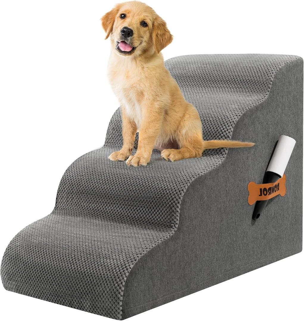 Romrol Dog Stairs Ramp for High Beds Couches, 33D High Density Foam Pet Steps with Durable Non-Slip Waterproof Fabric Cover, Dog Stairs for Small Dogs or Cats or Pets, 4-Step,Grey